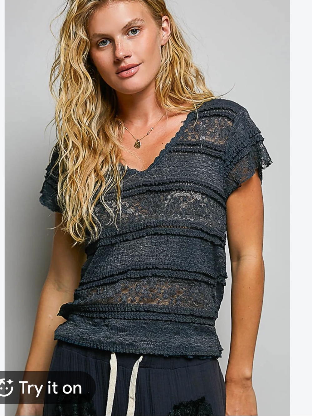 POL V-NECK LACE SHORT SLEEVE TOP Grey Size Large